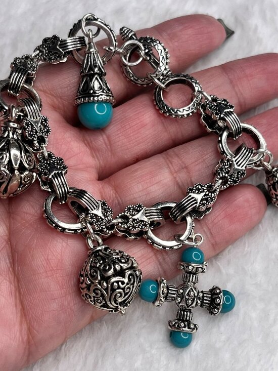 Silver-Toned Charm Bracelet With Ornate Filigree & Blue Bead Accents - Picture 1 of 4